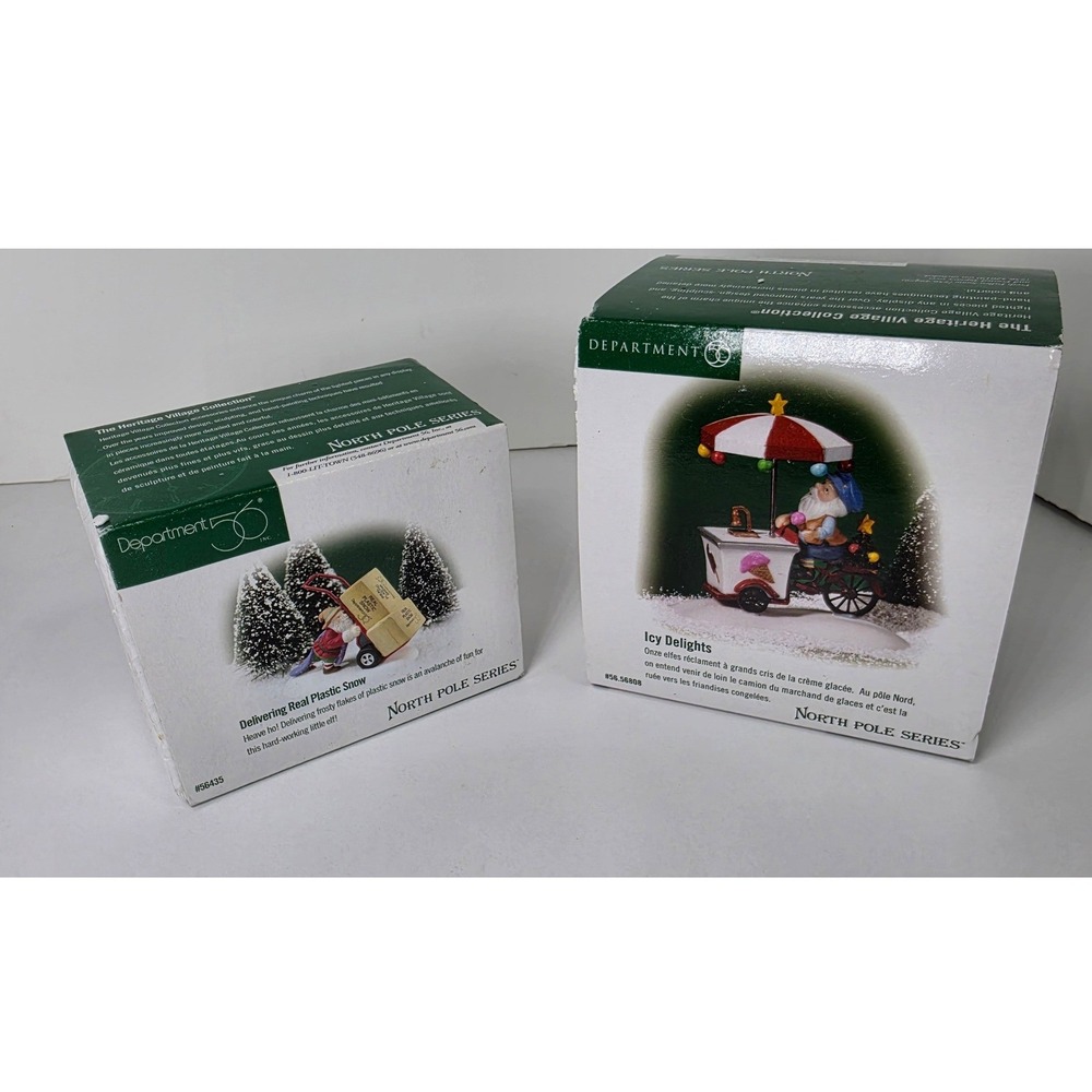 Dept 56 North Pole Series Icy Delights & Delivering Real Plastic Snow Elf Set